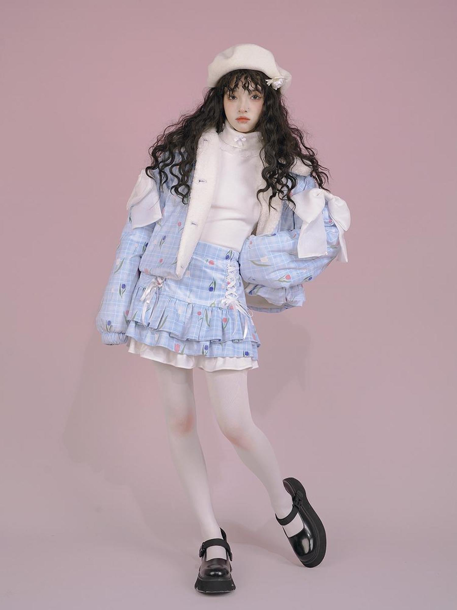 Daytoday Velvet Tulan Plaid Print Bow Lamb Fleece Short Coat