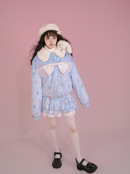 Daytoday Velvet Tulan Plaid Print Bow Lamb Fleece Short Coat