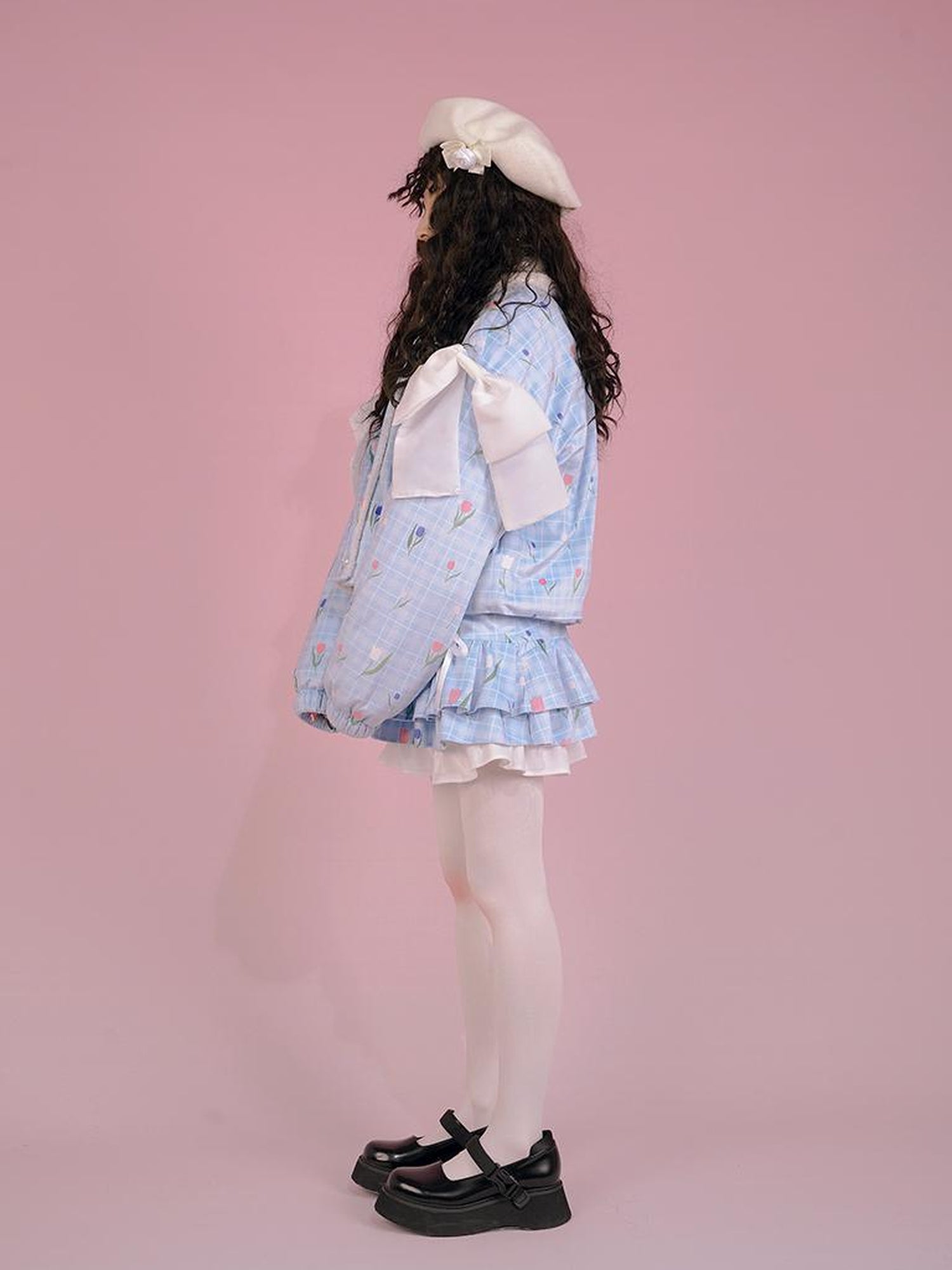 Daytoday Velvet Tulan Plaid Print Bow Lamb Fleece Short Coat