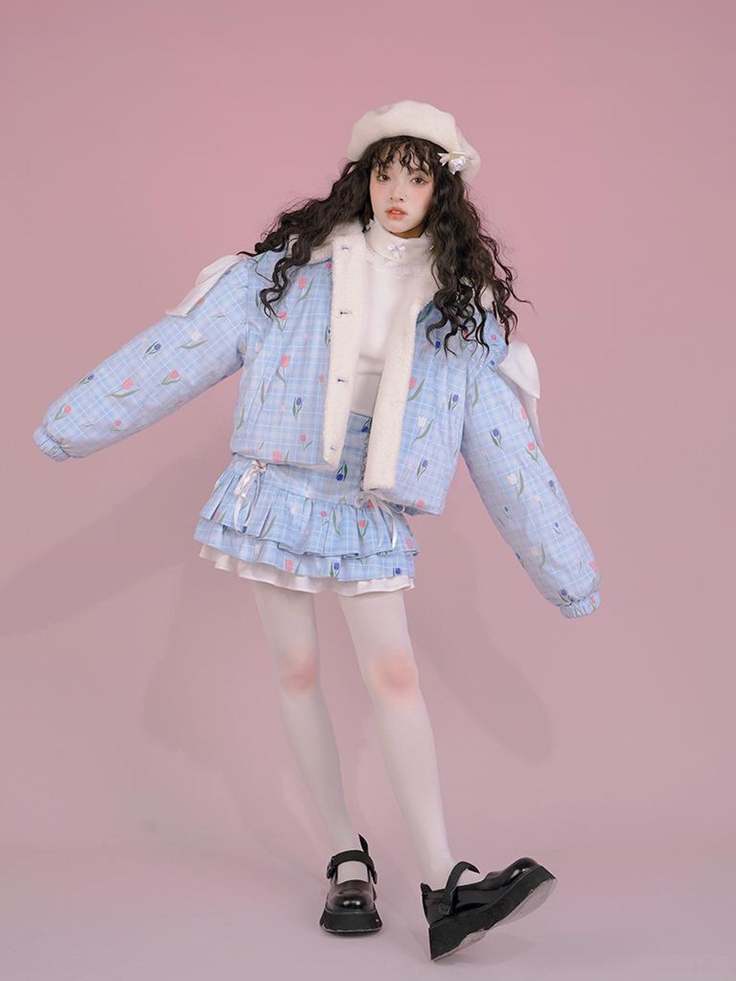 Daytoday Velvet Tulan Plaid Print Bow Lamb Fleece Short Coat