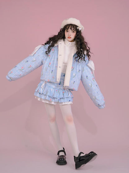 Daytoday Velvet Tulan Plaid Print Bow Lamb Fleece Short Coat