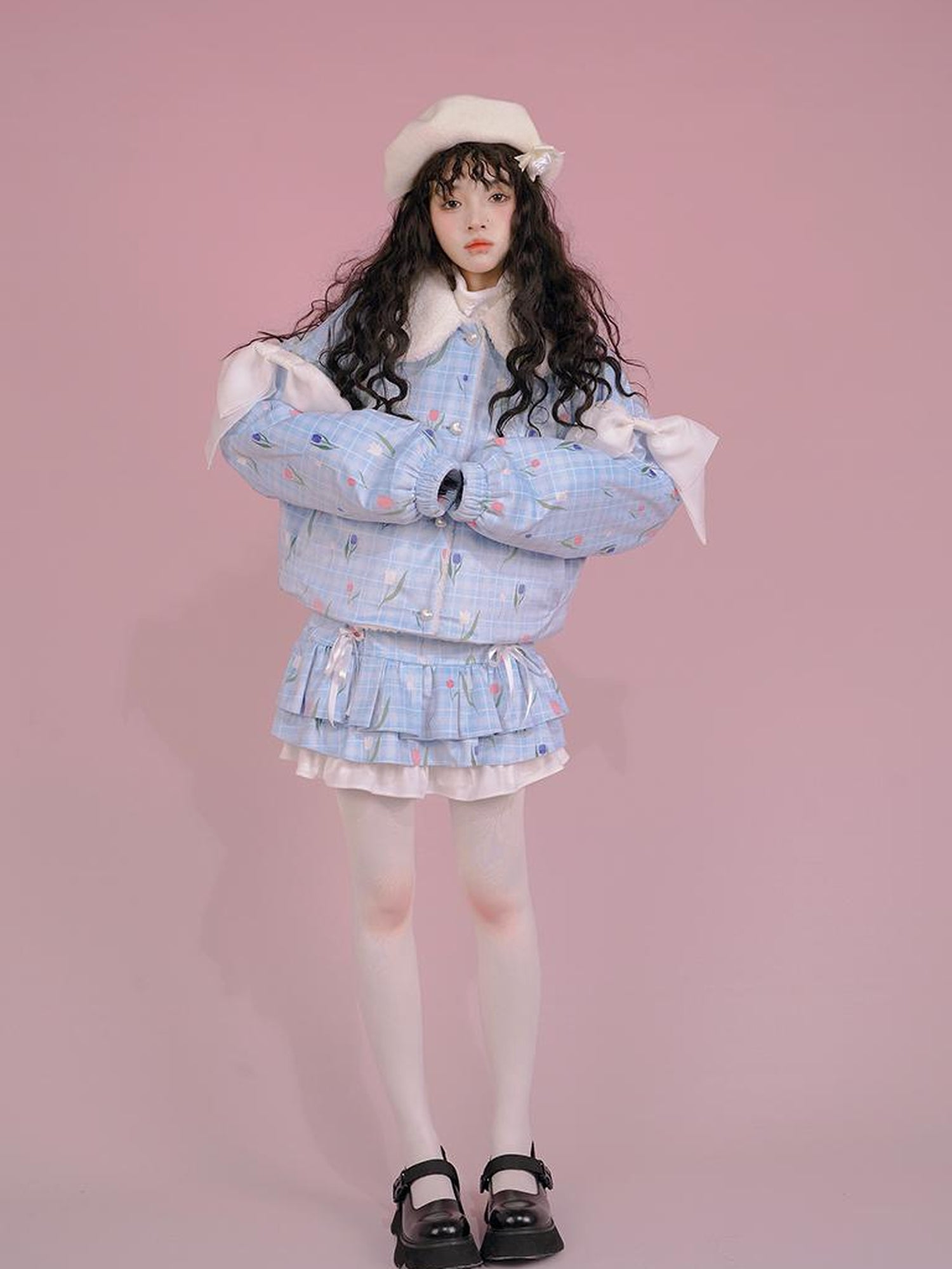Daytoday Velvet Tulan Plaid Print Bow Lamb Fleece Short Coat
