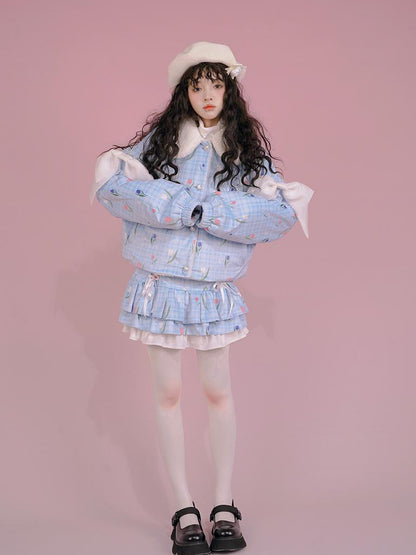 Daytoday Velvet Tulan Plaid Print Bow Lamb Fleece Short Coat