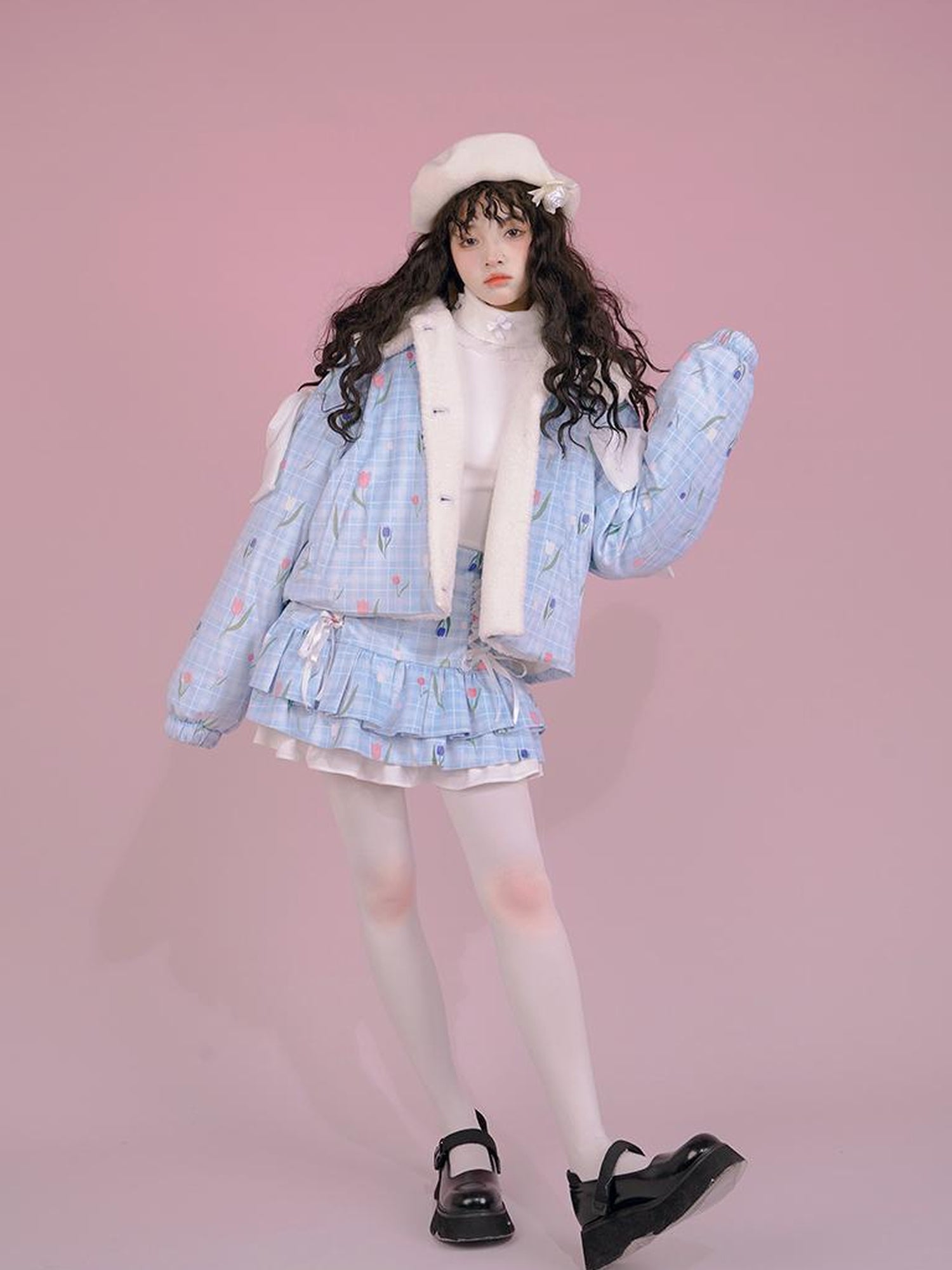 Daytoday Velvet Tulan Plaid Print Bow Lamb Fleece Short Coat