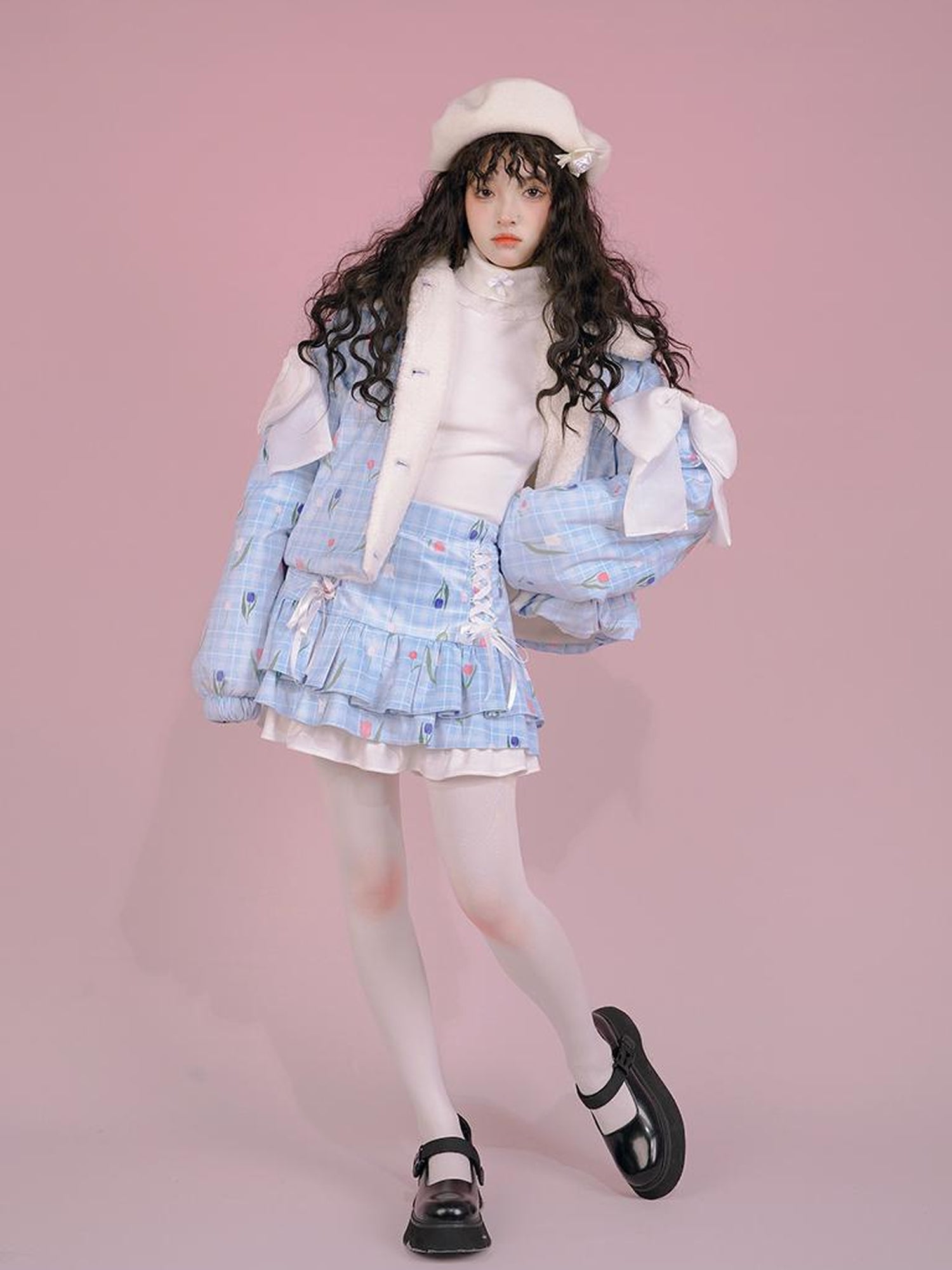 Daytoday Velvet Tulan Plaid Print Bow Lamb Fleece Short Coat