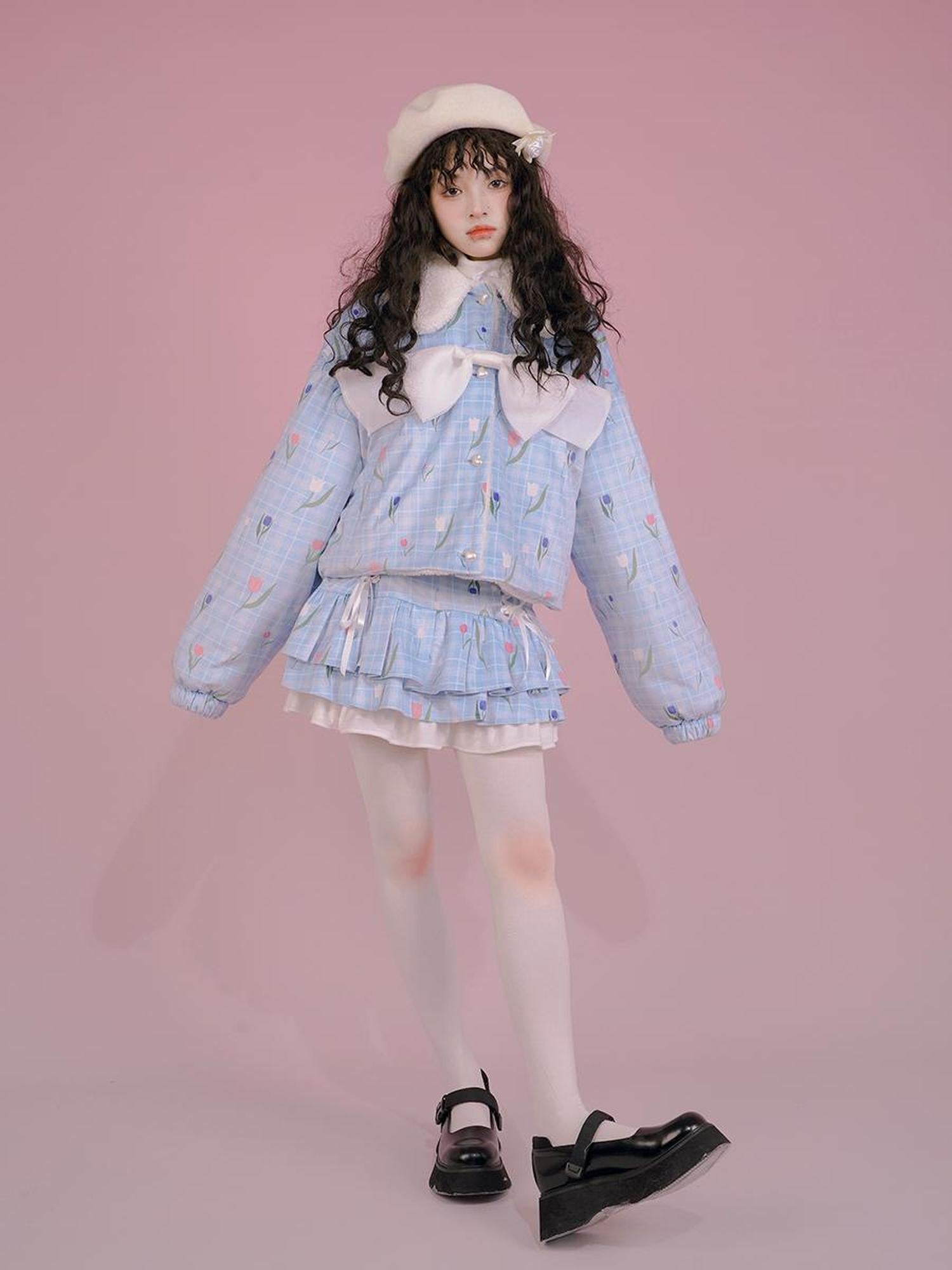 Daytoday Velvet Tulan Plaid Print Bow Lamb Fleece Short Coat