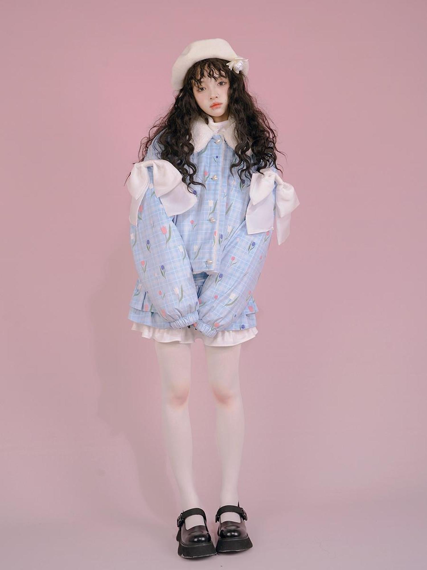 Daytoday Velvet Tulan Plaid Print Bow Lamb Fleece Short Coat