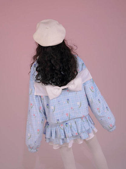 Daytoday Velvet Tulan Plaid Print Bow Lamb Fleece Short Coat
