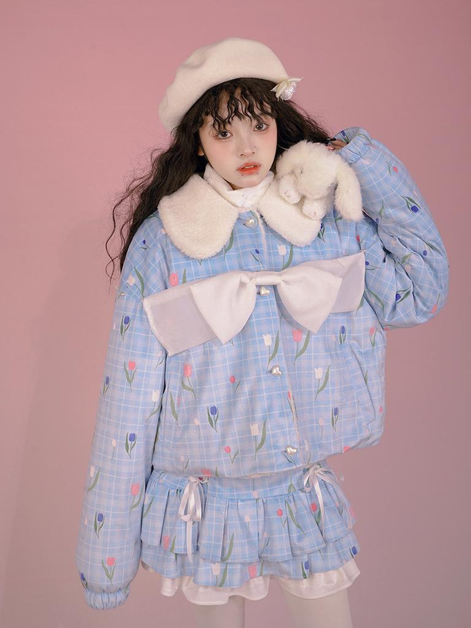 Daytoday Velvet Tulan Plaid Print Bow Lamb Fleece Short Coat
