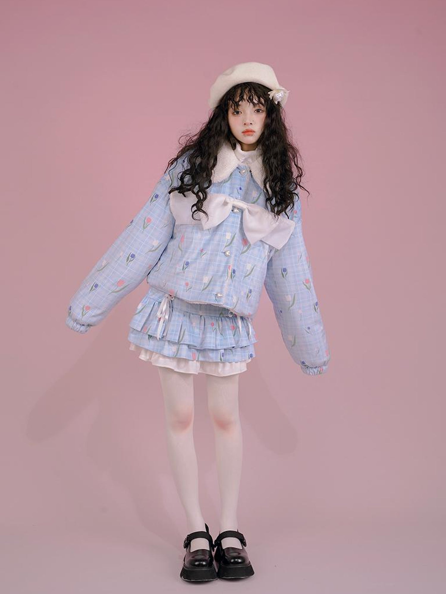 Daytoday Velvet Tulan Plaid Print Bow Lamb Fleece Short Coat