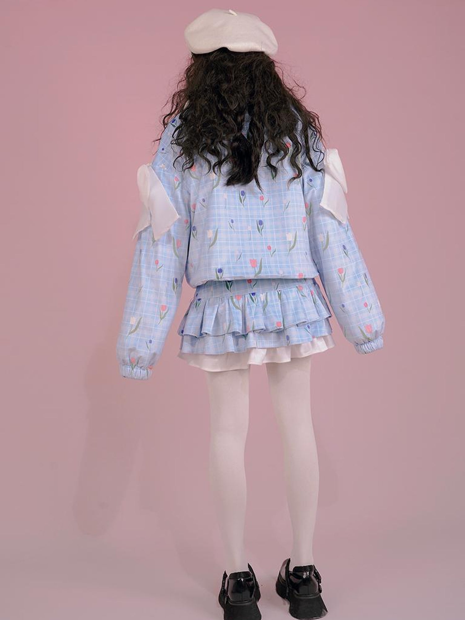 Daytoday Velvet Tulan Plaid Print Bow Lamb Fleece Short Coat