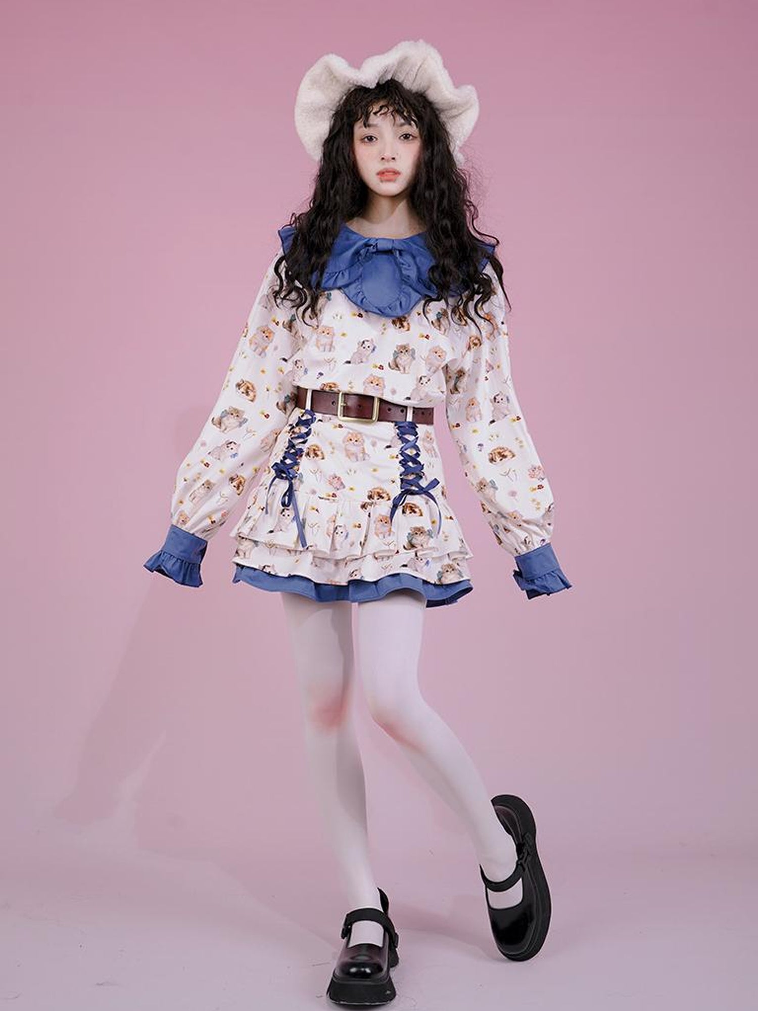 Daytoday Velvet Tulip Kitten Print Bow Tie Flared Mini Skirt