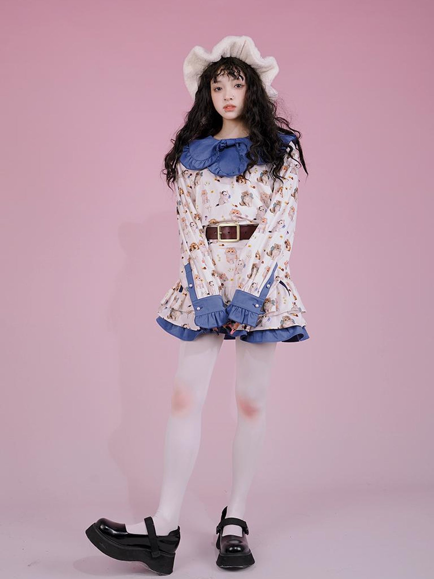 Daytoday Velvet Tulip Kitten Print Bow Tie Flared Mini Skirt