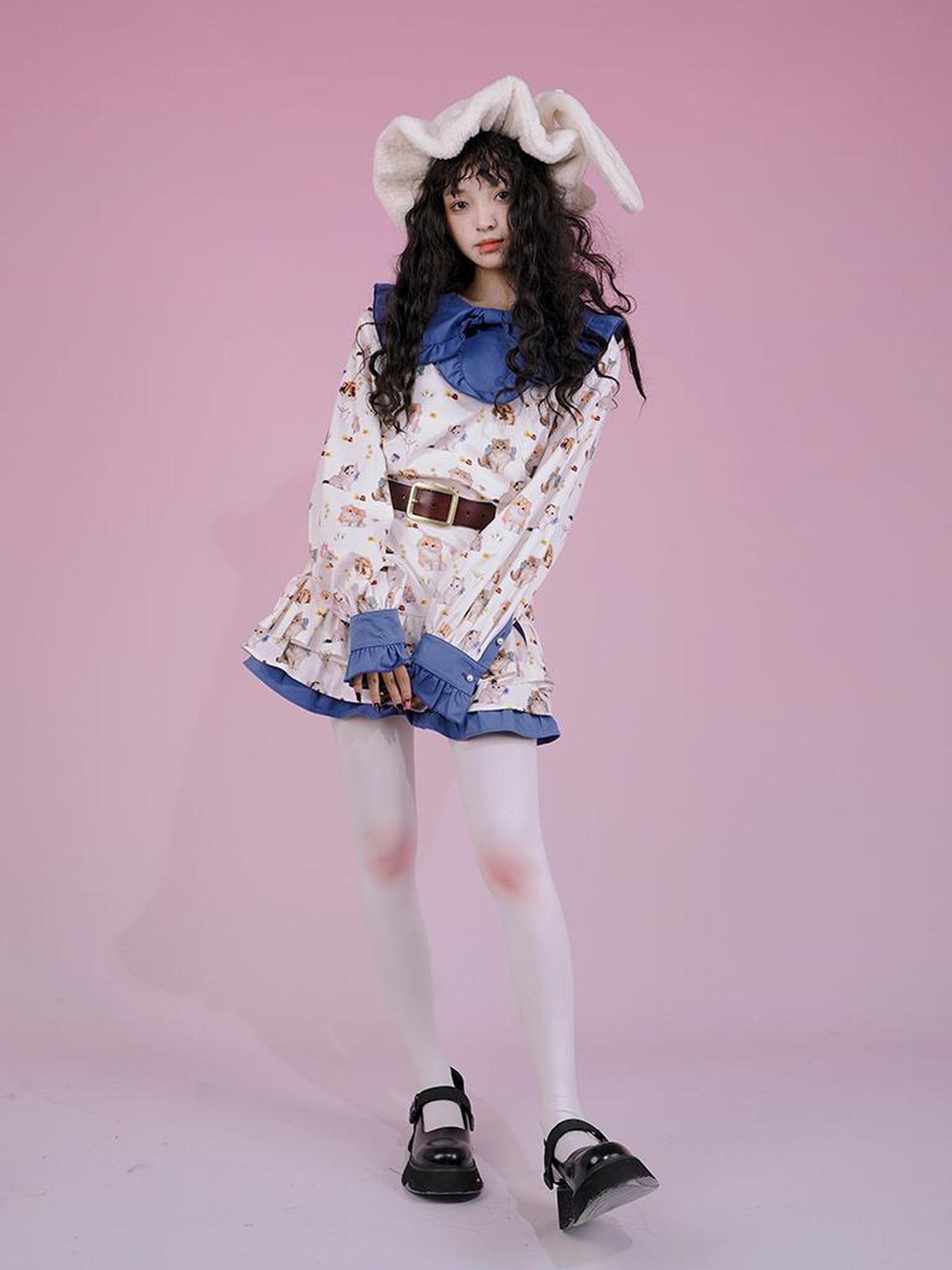Daytoday Velvet Tulip Kitten Print Bow Tie Flared Mini Skirt