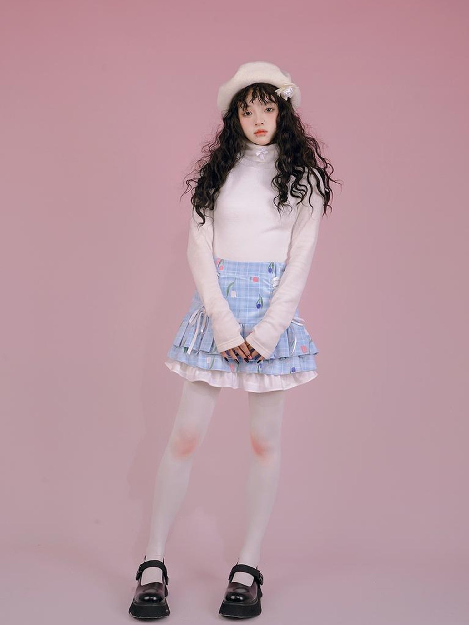 Daytoday Velvet Tulip Kitten Print Bow Tie Flared Mini Skirt