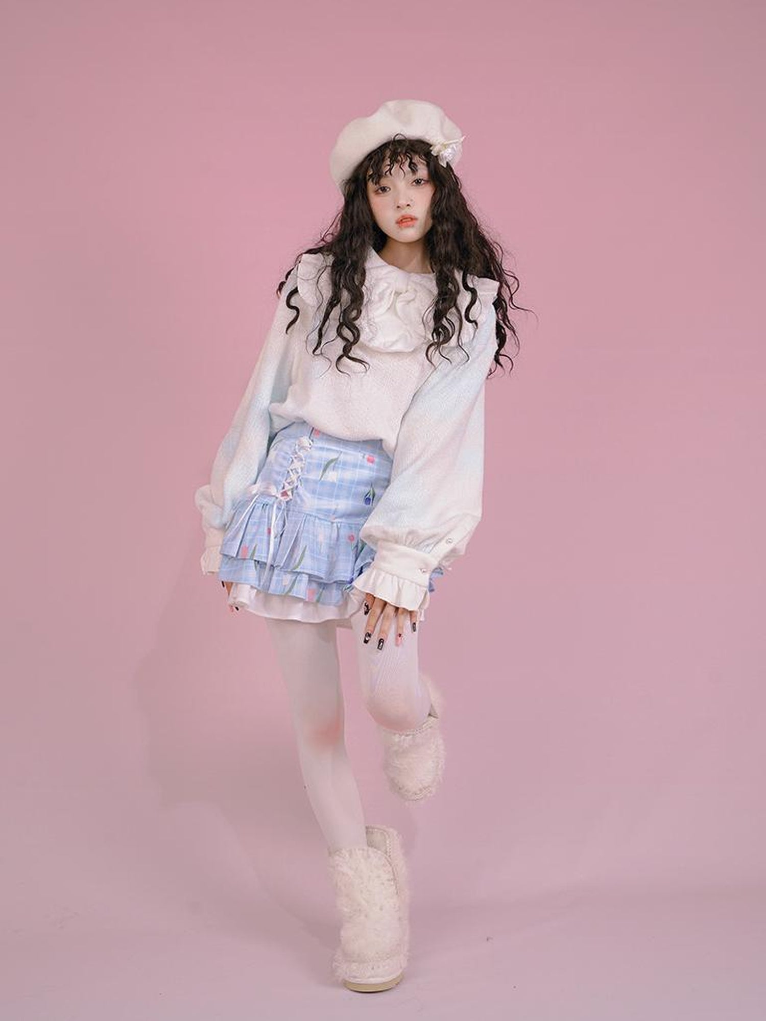 Daytoday Velvet Tulip Kitten Print Bow Tie Flared Mini Skirt