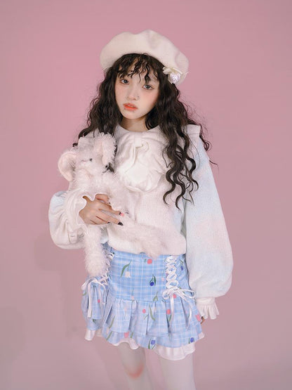 Daytoday Velvet Tulip Kitten Print Bow Tie Flared Mini Skirt