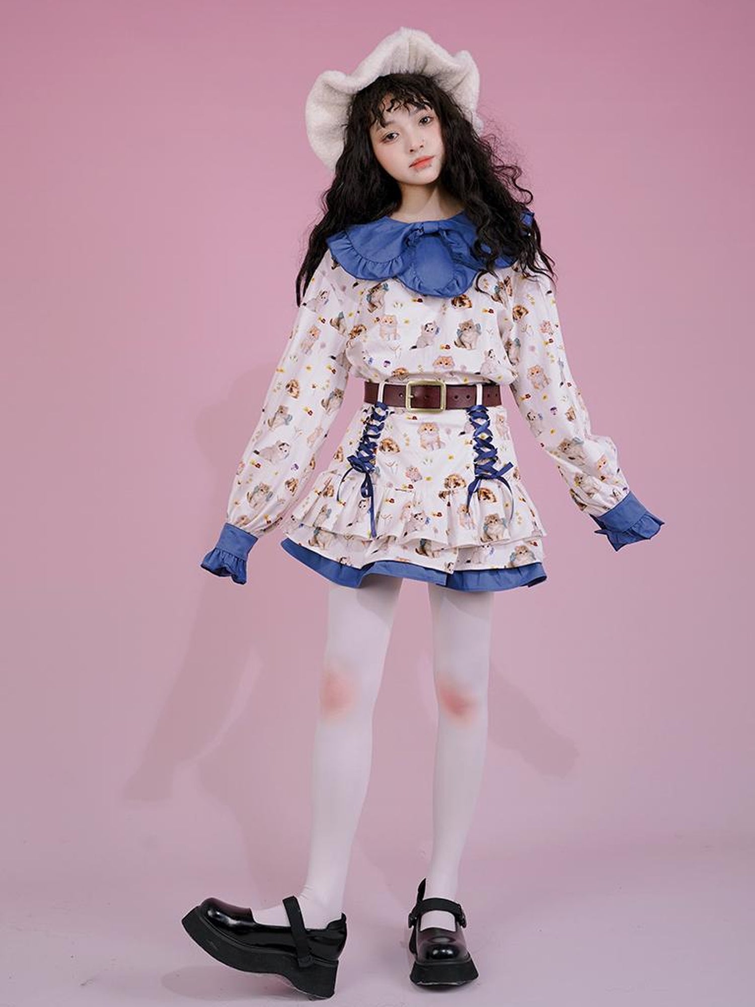 Daytoday Velvet Tulip Kitten Print Bow Tie Flared Mini Skirt