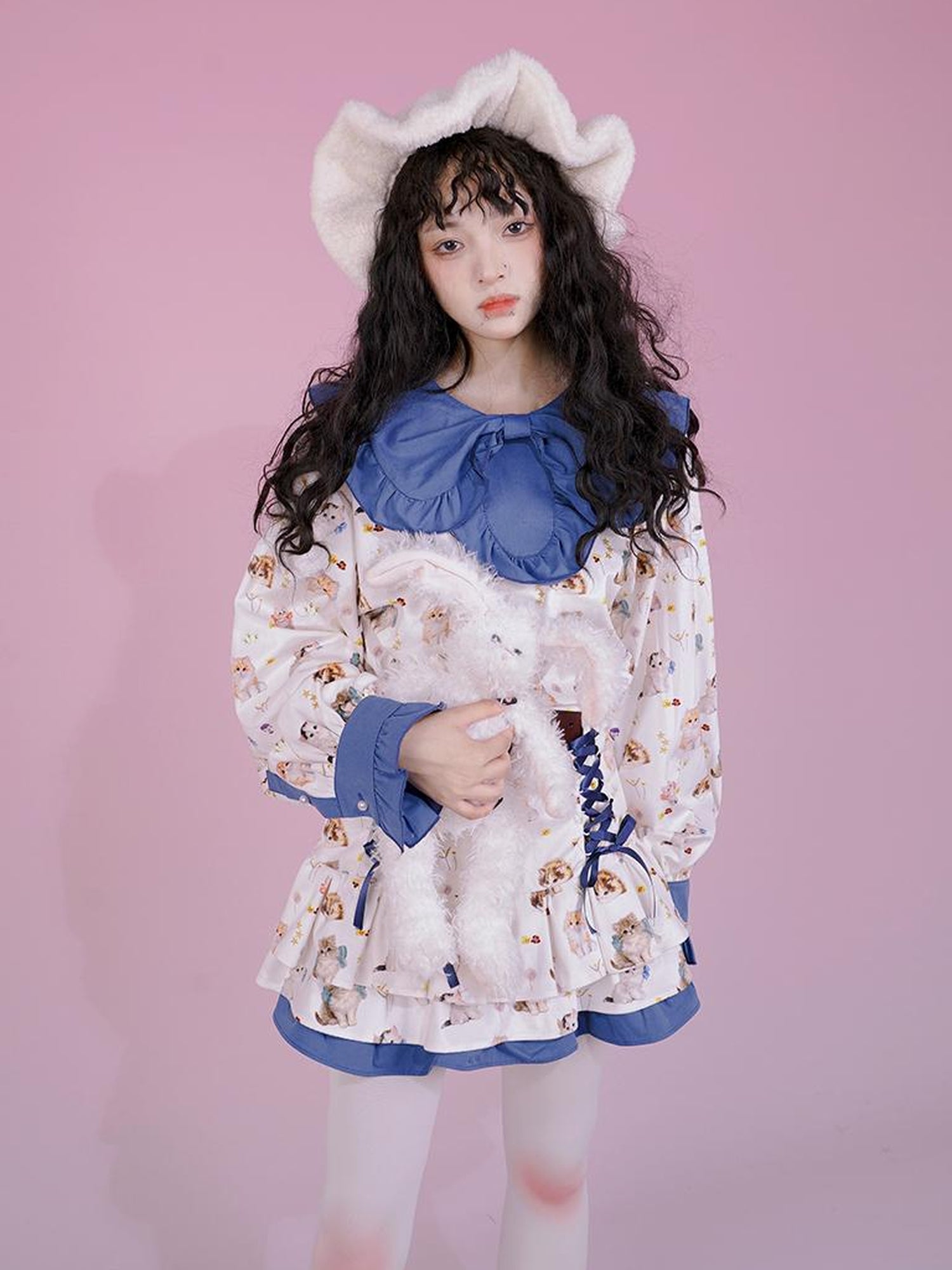Daytoday Velvet Tulip Kitten Print Bow Tie Flared Mini Skirt