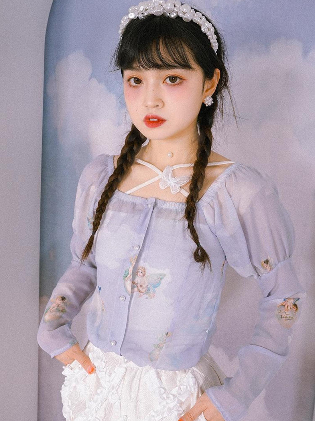 Daytoday Vintage Angel Print Chiffon Sun Protection Top