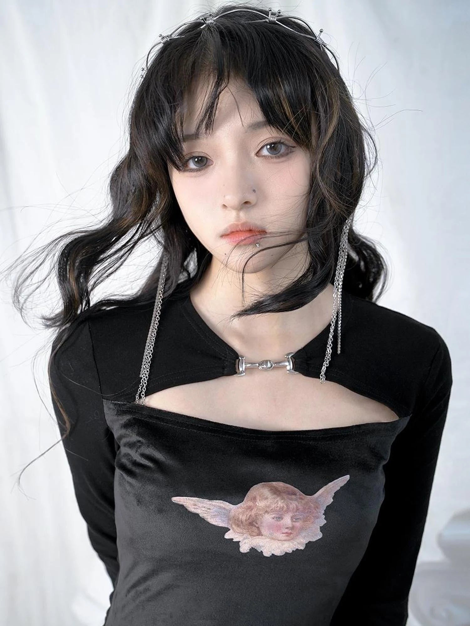 Vintage Angel Print Cotton Crop Top With Metal Buttons