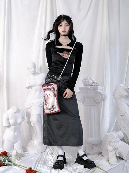 Vintage Angel Print Cotton Crop Top With Metal Buttons