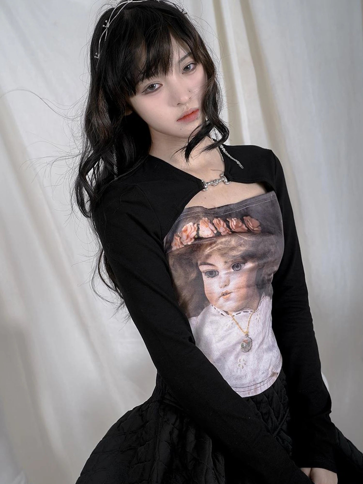 Vintage Angel Print Cotton Crop Top With Metal Buttons