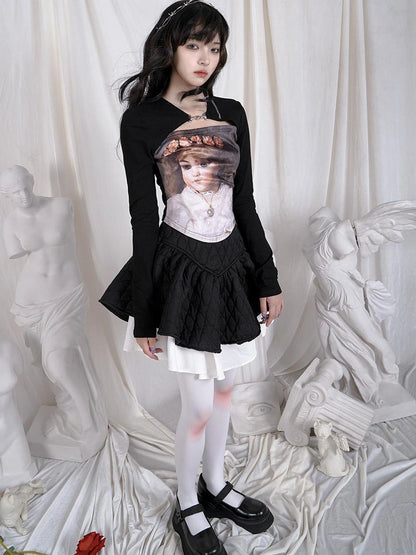 Vintage Angel Print Cotton Crop Top With Metal Buttons