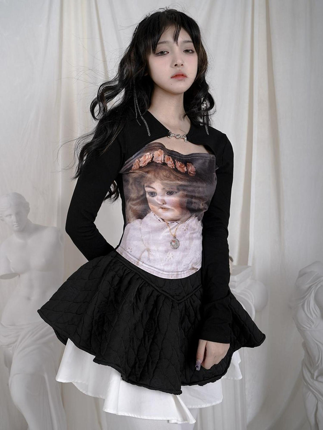 Daytoday Vintage Angel Print Cotton Crop Top With Metal Buttons