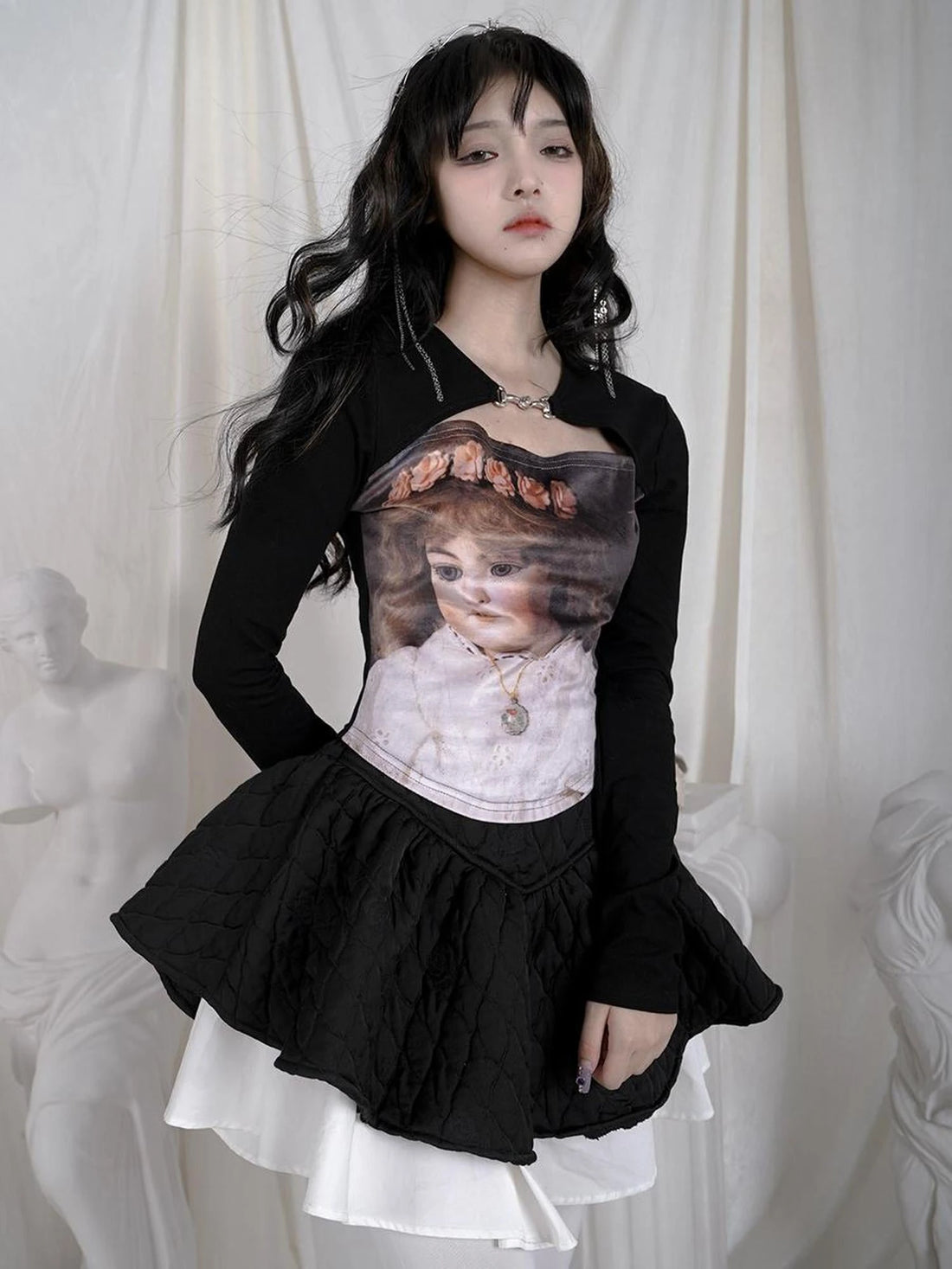 Vintage Angel Print Cotton Crop Top With Metal Buttons