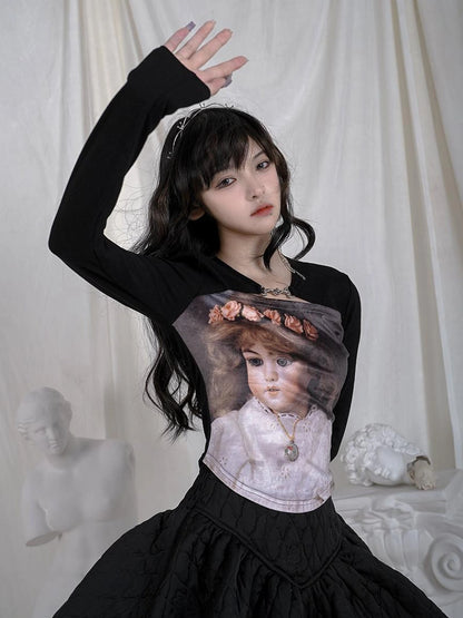 Vintage Angel Print Cotton Crop Top With Metal Buttons