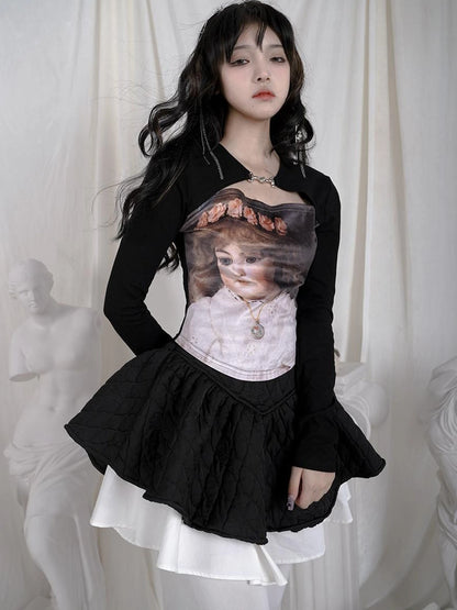 Vintage Angel Print Cotton Crop Top With Metal Buttons