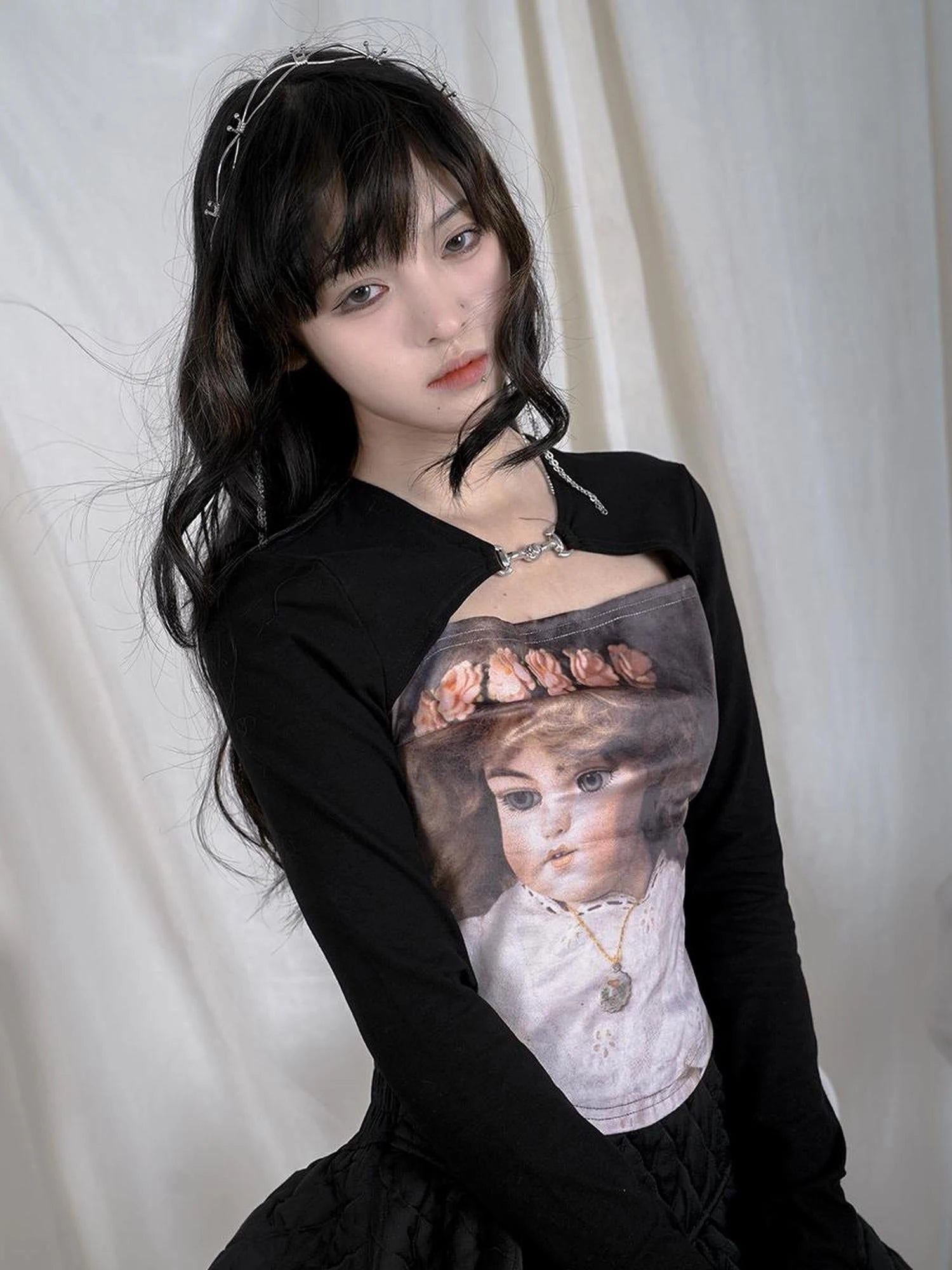 Vintage Angel Print Cotton Crop Top With Metal Buttons