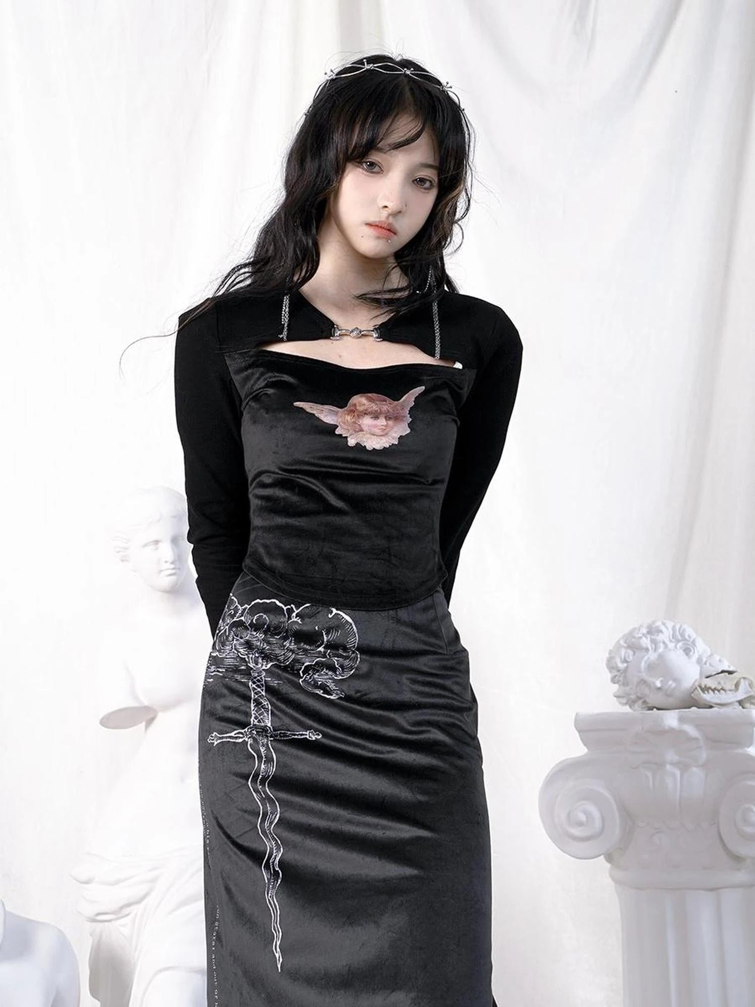 Vintage Angel Print Cotton Crop Top With Metal Buttons