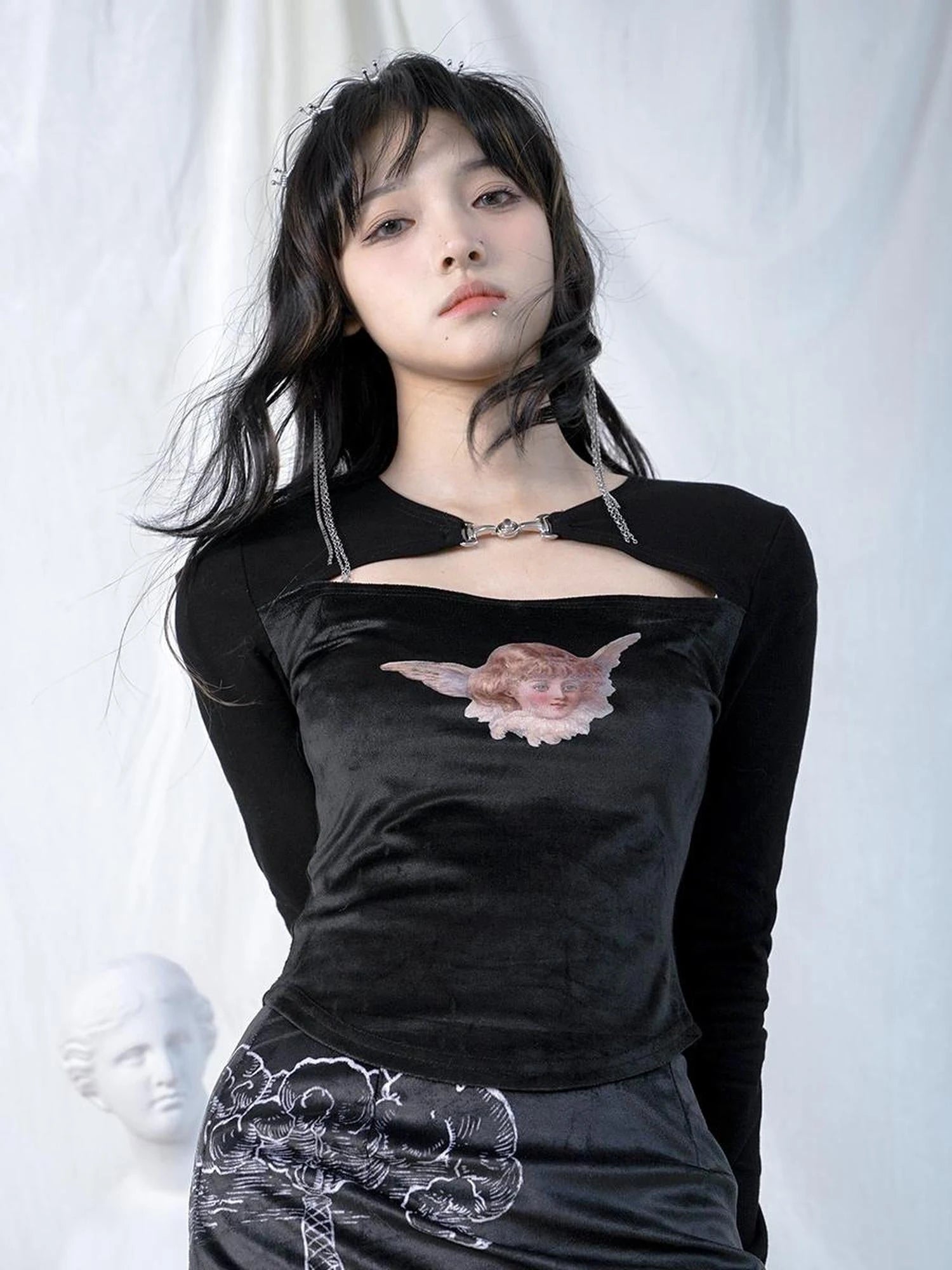 Vintage Angel Print Cotton Crop Top With Metal Buttons