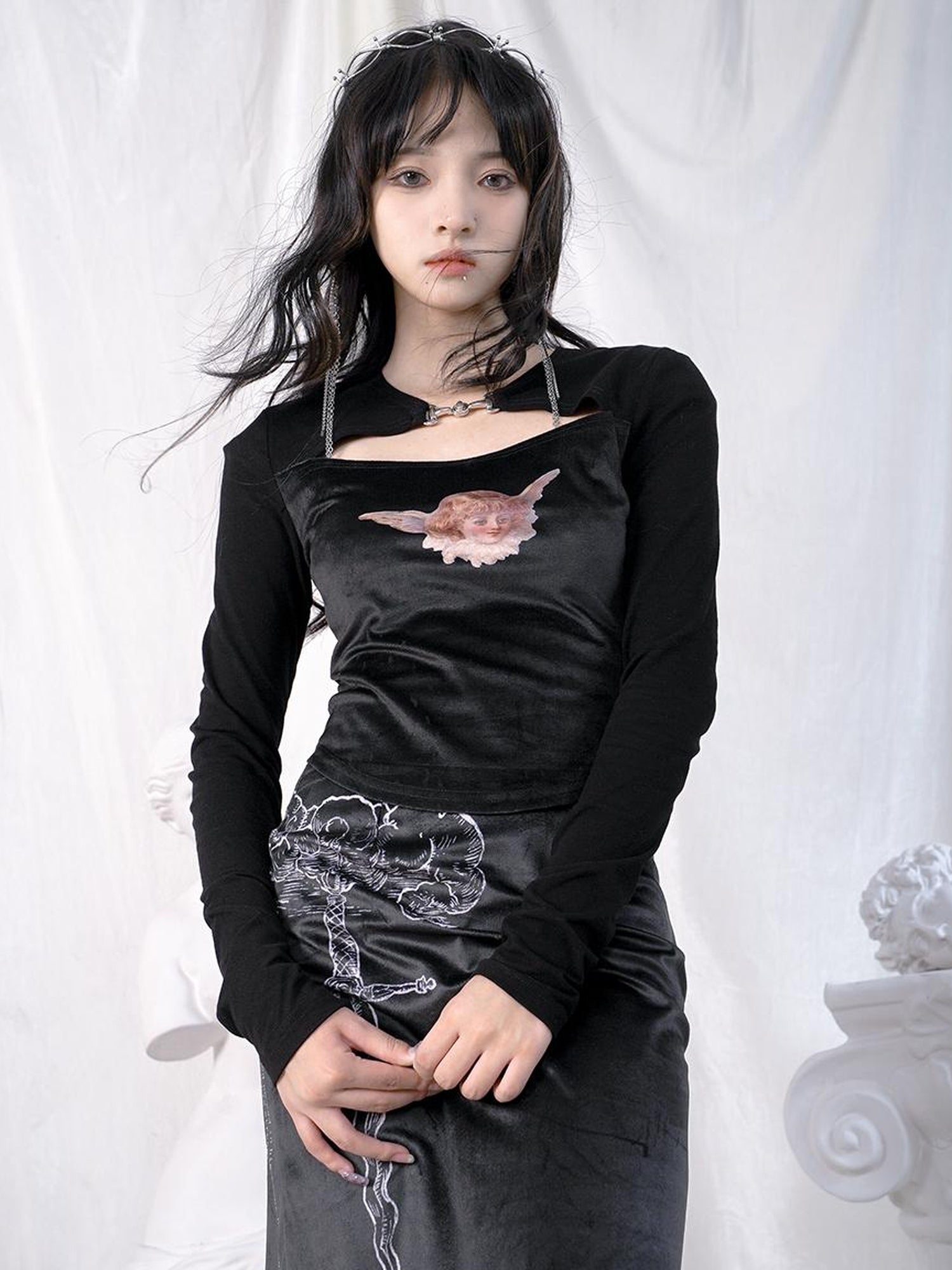 Daytoday Vintage Angel Print Cotton Crop Top With Metal Buttons