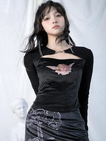 Vintage Angel Print Cotton Crop Top With Metal Buttons