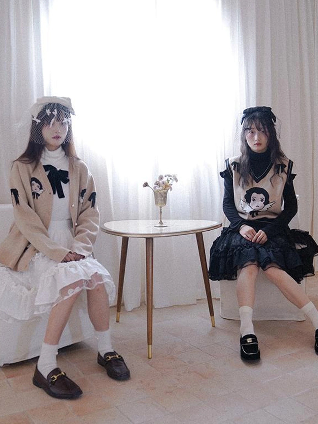 Vintage Angel Print Knit Vest Purple Khaki V Neck Long Sleeve