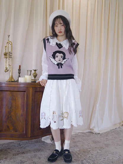 Vintage Angel Print Knit Vest Purple Khaki V Neck Long Sleeve