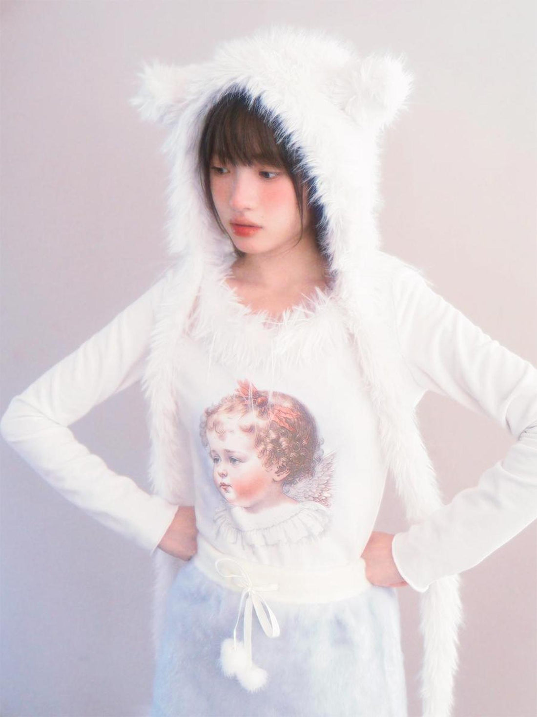 Daytoday Vintage Angel Print T Shirt With Fur Collar