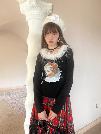 Daytoday Vintage Angel Print T Shirt With Fur Collar