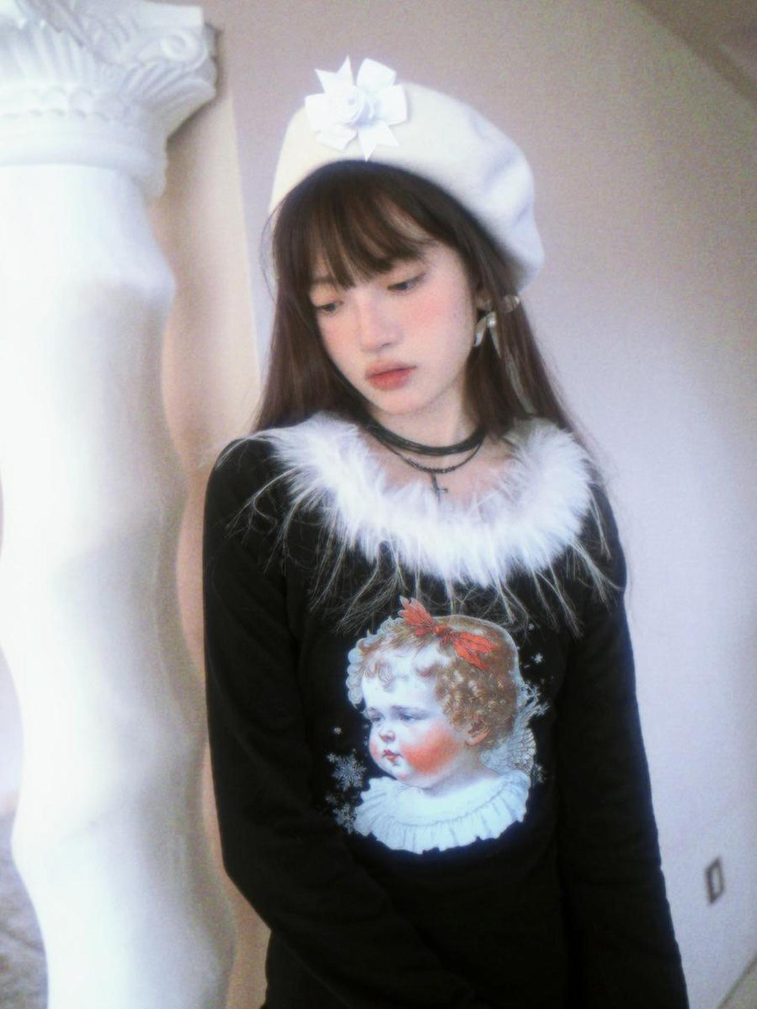 Daytoday Vintage Angel Print T Shirt With Fur Collar
