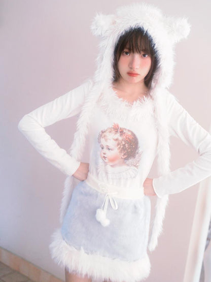 Daytoday Vintage Angel Print T Shirt With Fur Collar