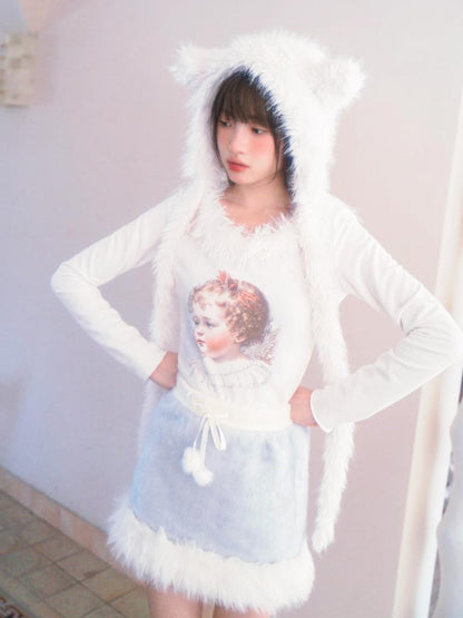 Daytoday Vintage Angel Print T Shirt With Fur Collar