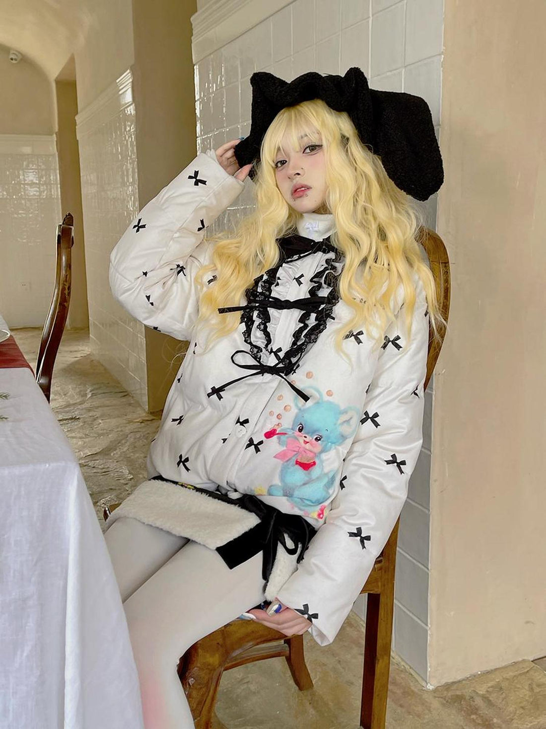 Daytoday Vintage Bow Dot Print Teddy Jacket
