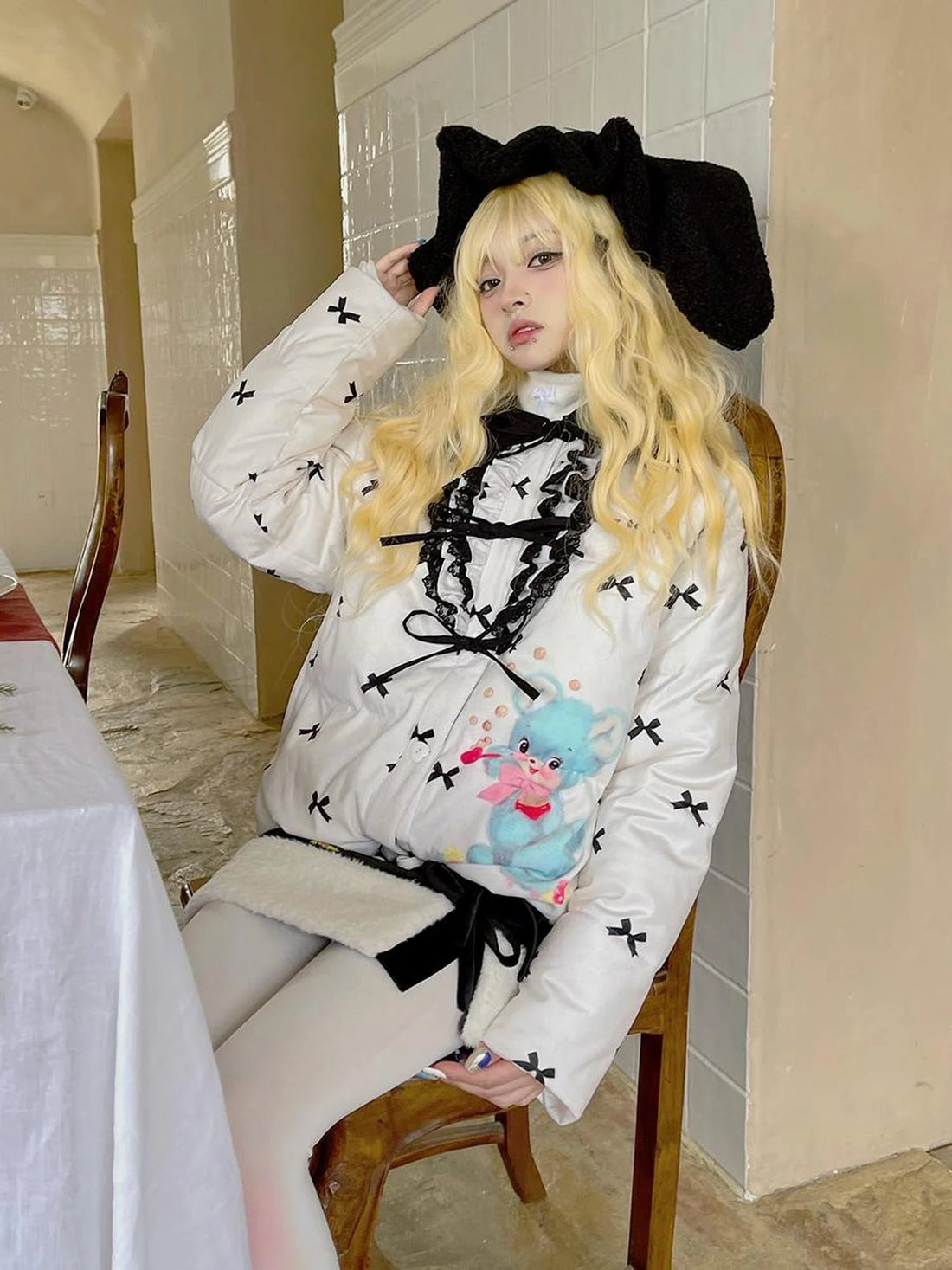 Daytoday Vintage Bow Dot Print Teddy Jacket