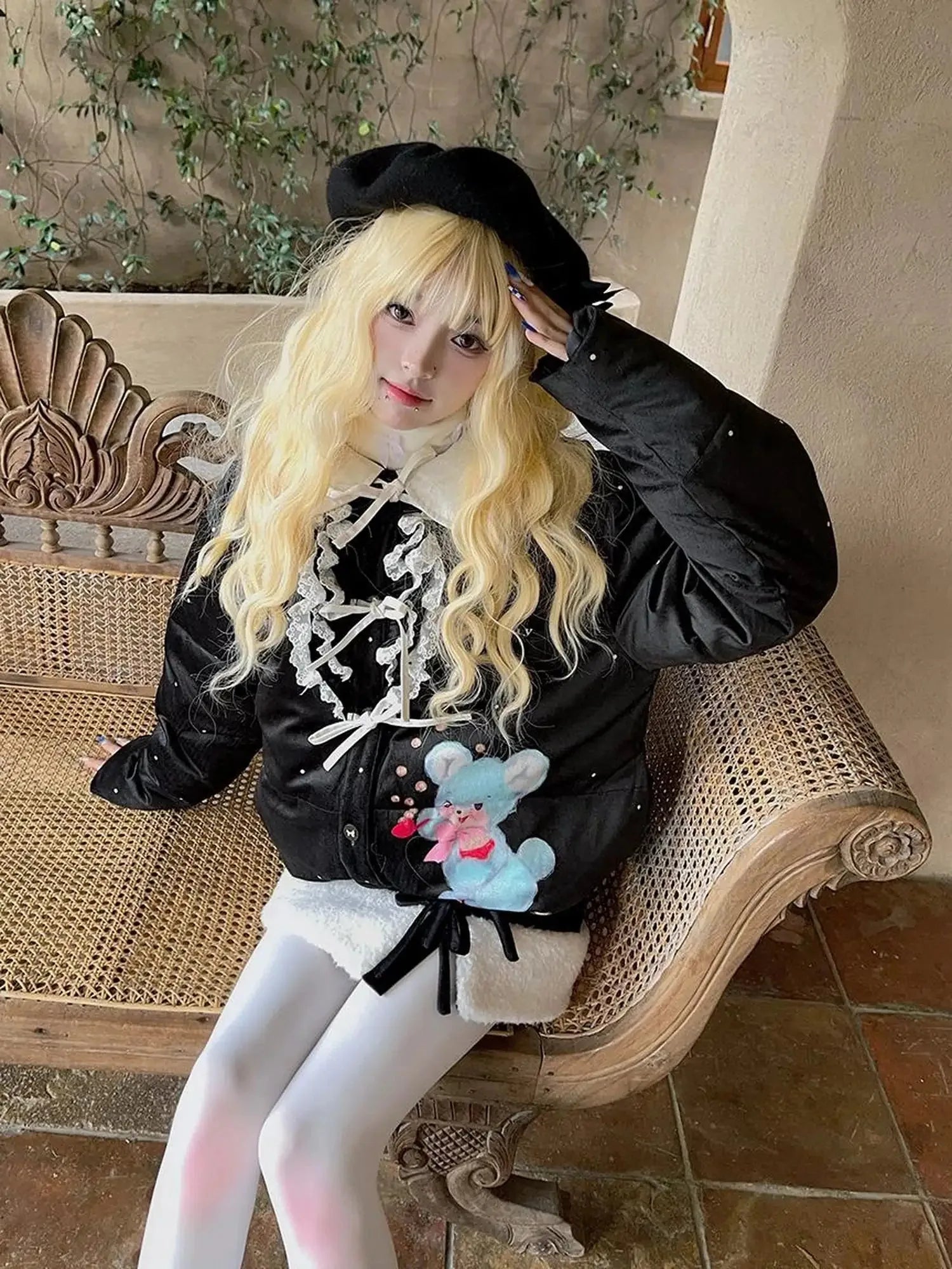 Vintage Bow Dot Print Teddy Jacket