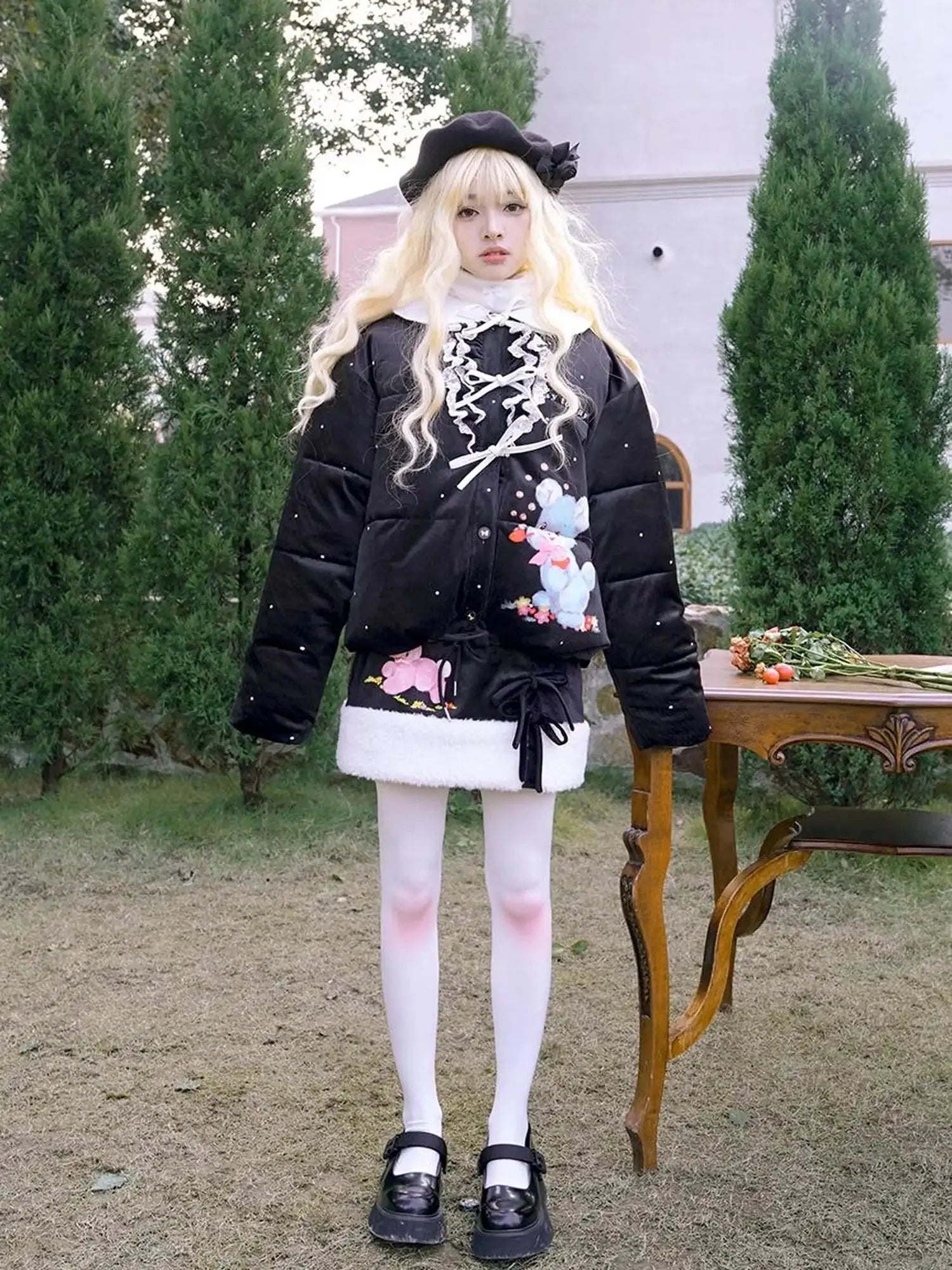 Vintage Bow Dot Print Teddy Jacket