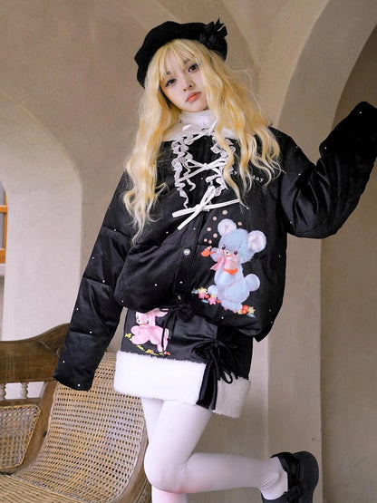 Vintage Bow Dot Print Teddy Jacket