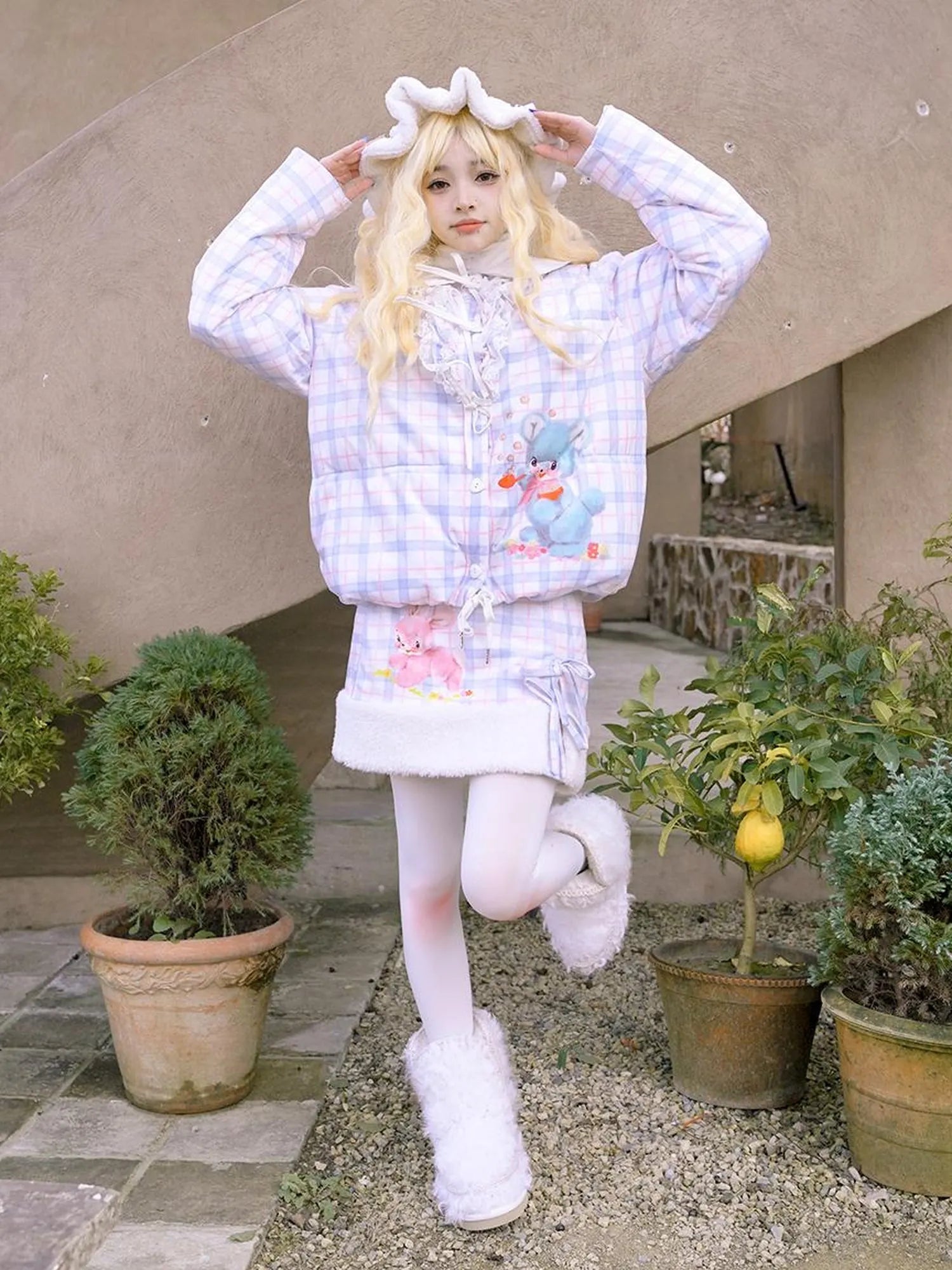 Vintage Bow Dot Print Teddy Jacket